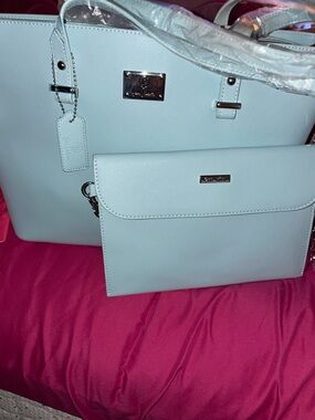 Light Blue Structured Tote with Matching Clutch - Women's Handbag